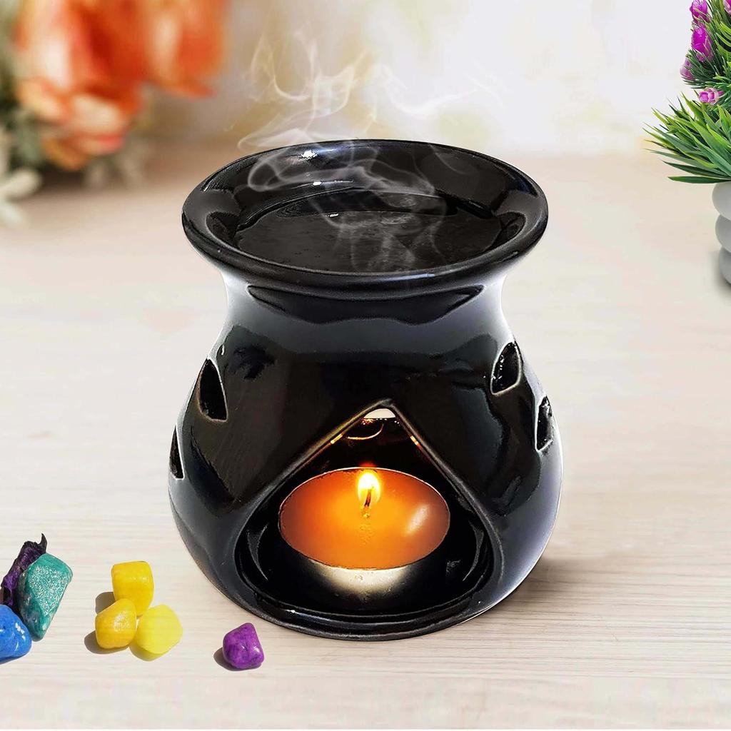 Ceramic Clay Candle Operated Aroma Burner (Black; 9 Cm)