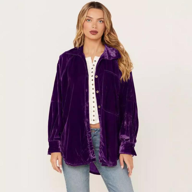 Воротник Золото Бархатная рубашка Пальто Однотонная женская свободная рубашка большого размера с длинными рукавами