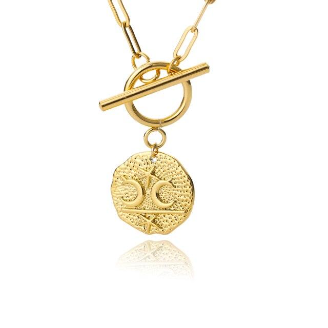 Готическое ожерелье с луной и звездами для женщин, цепочка из нержавеющей стали, круглые подвески, винтажные украшения с пряжкой OT