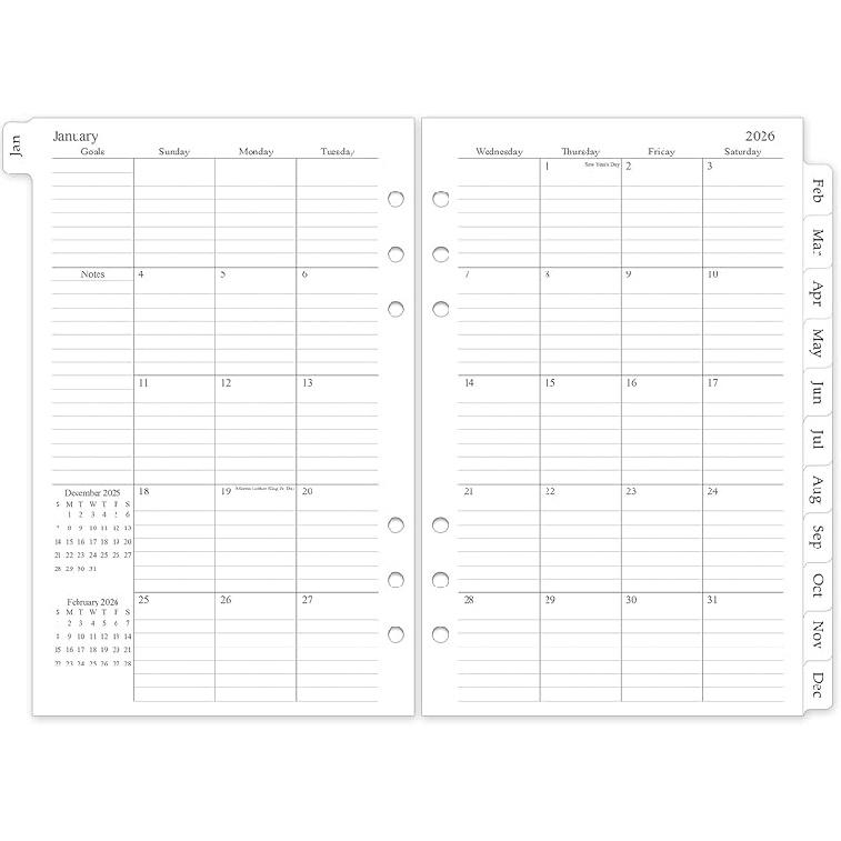 .com : Сменный блок для еженедельника и ежемесячника на 2026 год, A5 Medium Planner, erts для 6 колец, 5.5"x8.5", Янв. 2026 - Дек. 2026, 12 Ежемесячных Календарей с