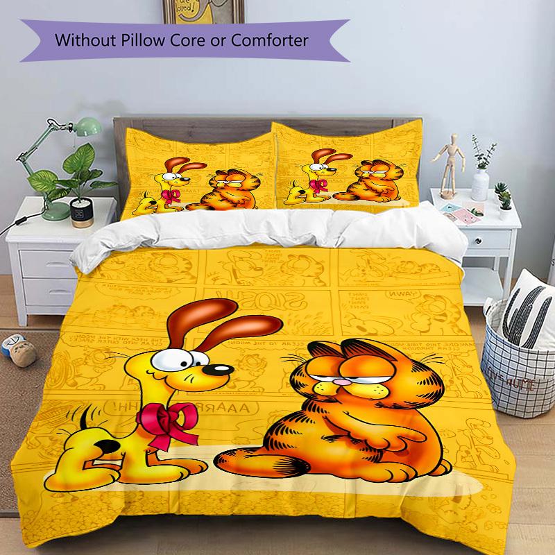 3pcs bedding set Garfield Cartoon Comics Includes 1 Comforter + 2 Pillowcases, Without Pillow Inserts, Soft Comfortable, Lightweight Breatha