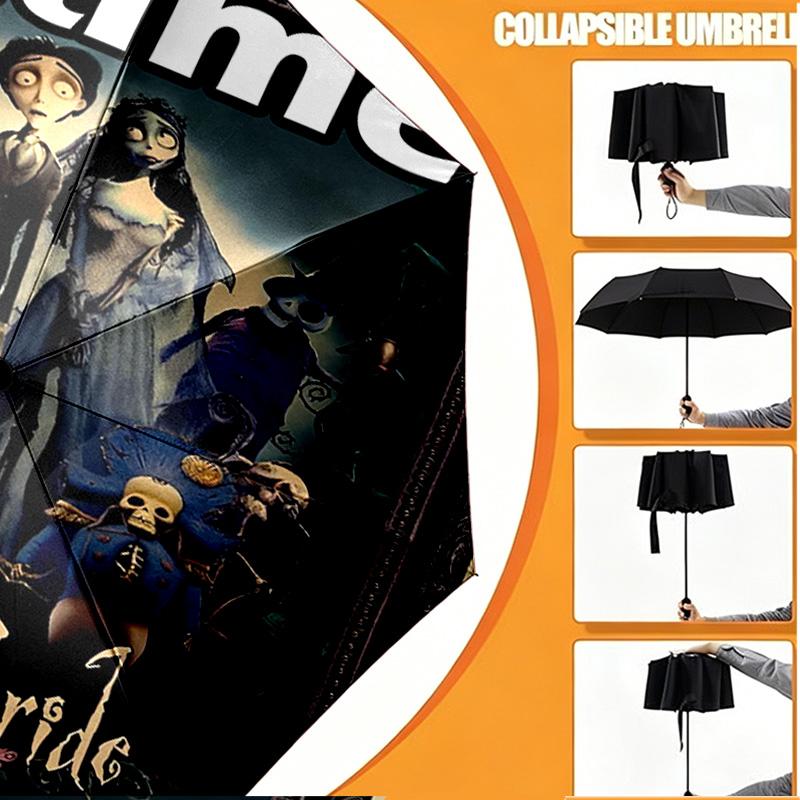 Custom Name Personalized Corpse Bride Print Umbrella, Auto Open Close, 8‑Rib Sturdy Frame, Commute Camping Hiking Use, Birthday Gift
