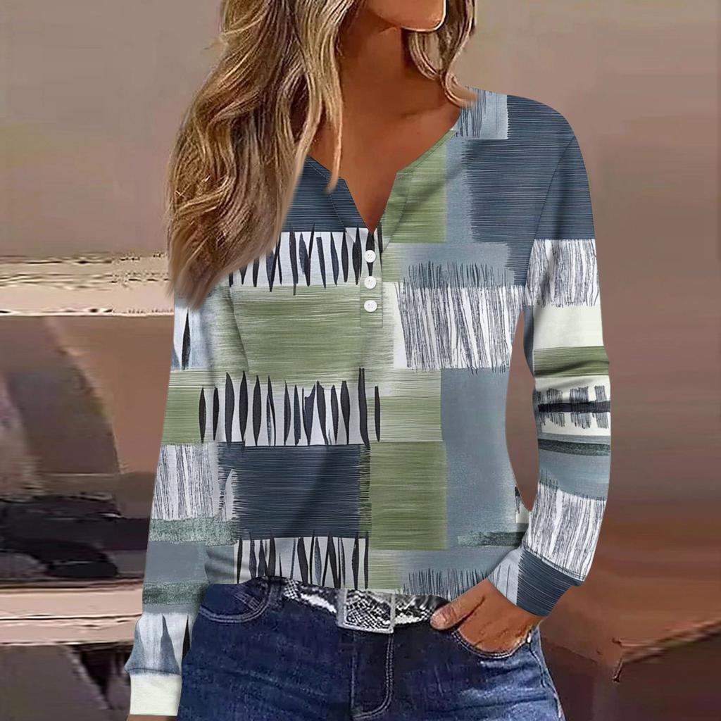 Жен. Футболка Футболка на пуговицах с длинным рукавом Повседневные Выходные Мода Классический Топ с v-образным вырезом Обычный