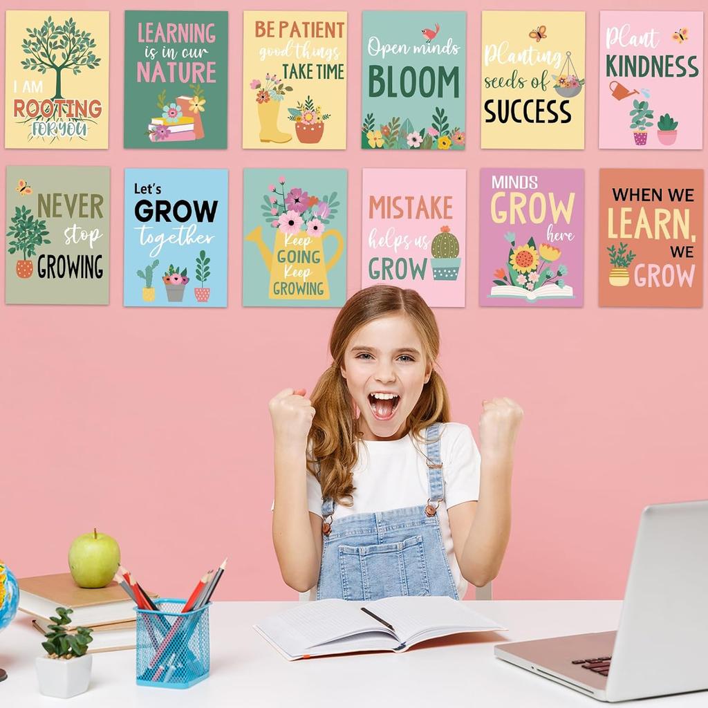 12Pcs Spring Bulletin Board for Classroom Motivational Poster Flower Poster Bulletin Board When We Learn We Grow pirational Green Plant Positive