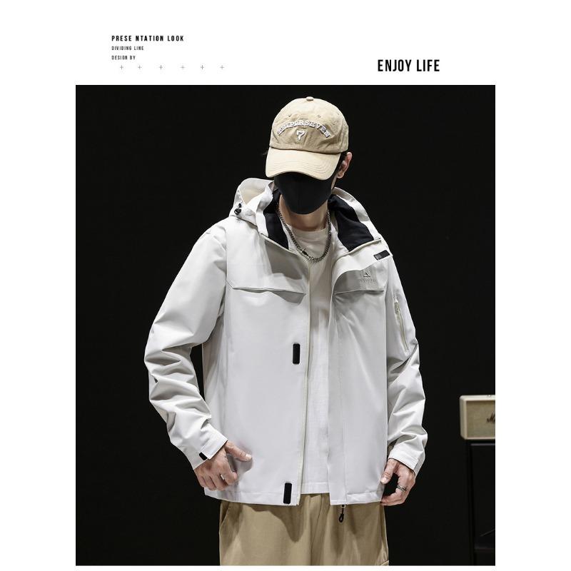 Men's Light Gray Hooded Outdoor Jacket - Waterproof Windbreaker with Zipper Pockets