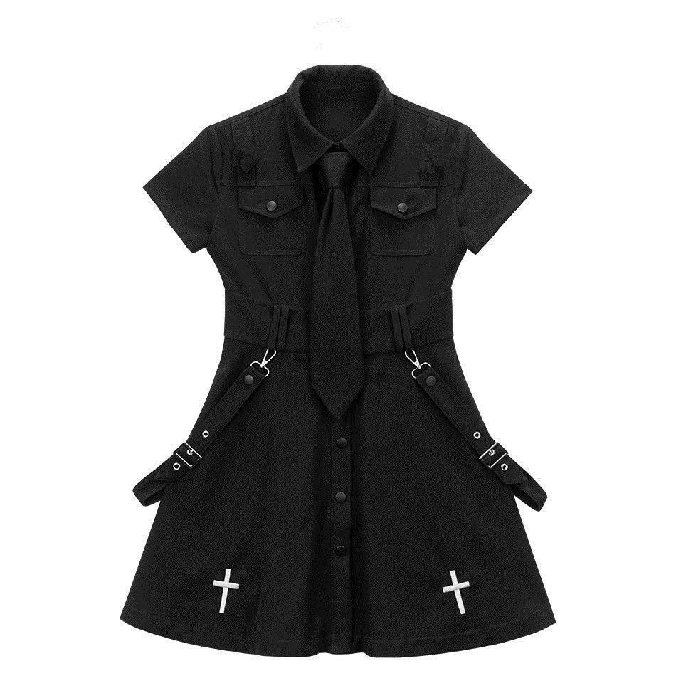 Women Black Y2k Dress French Cross Embroidery Punk Dark Dress JK Uniform College Style Gothic Street Skirt