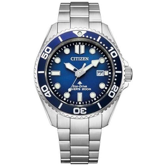 Наручные часы CITIZEN Серия PROMASTER MARINE Eco-Drive Дайверские 200м Модель Синий Люминесцентные (Руки + Указатель) Противовращающаяся рамка Завинчивающаяся заводная головка Мужские