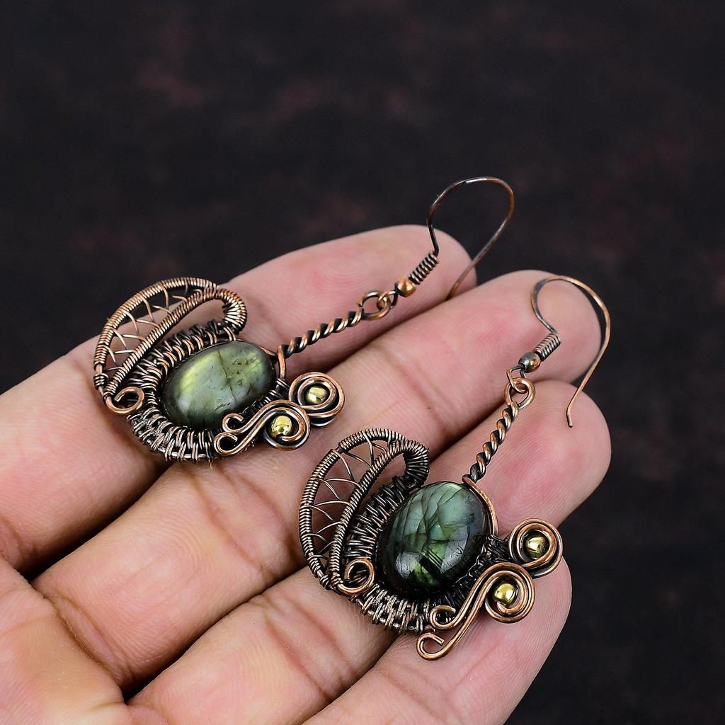 Серьги с лабрадоритом, серьги из медной проволоки, ювелирные изделия из драгоценных камней, серьги ручной работы, замечательные медные украшения, подарок на помолвку, стильные серьги