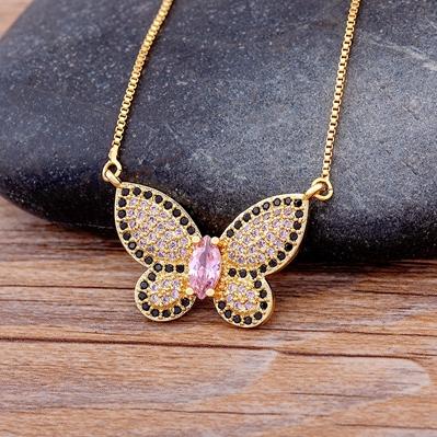Nidin Top Quality Copper Zircon 12 Styles Charms Butterfly Pendant Chain Necklace for Women Gold Plated Vintage Boho Jewelry