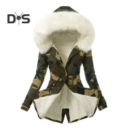 Women Winter Down Coat Faux Fur Fleece-lined Zip-up Press Button Closure Windproof Mid Length Jacket Camouflage Print Slim Fit Outerwear