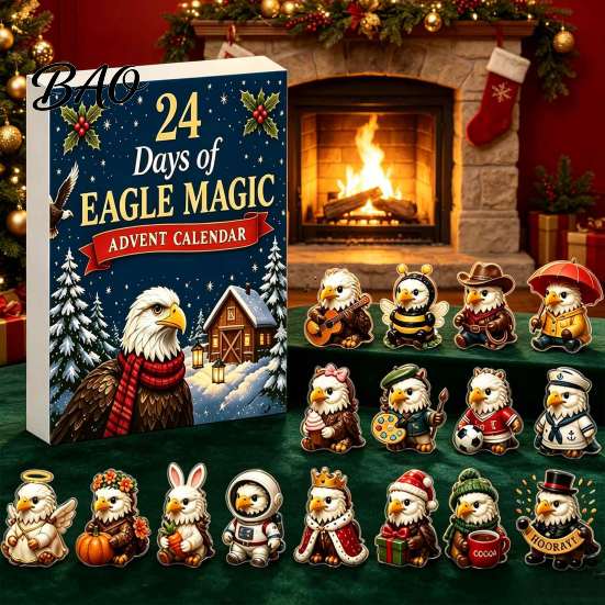 Christmas Advent Calendar Eagle Calendar, 24Pcs Acrylic 2D Ornament Set with Mini Decorative Keepsakes Cartoon Figures, Tree Hanging Decor,