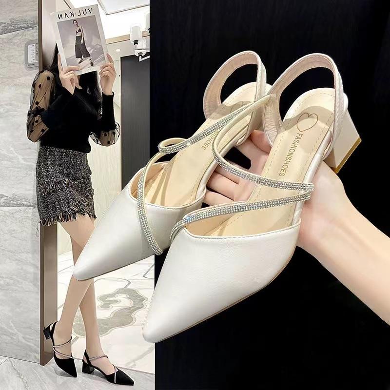 Fashion 2025 Summer New Women's Fashion Comfortable High Heels Women's Shoes Slip-on Pointed Toe Rhinestone Sandals Zapatillas Mujer