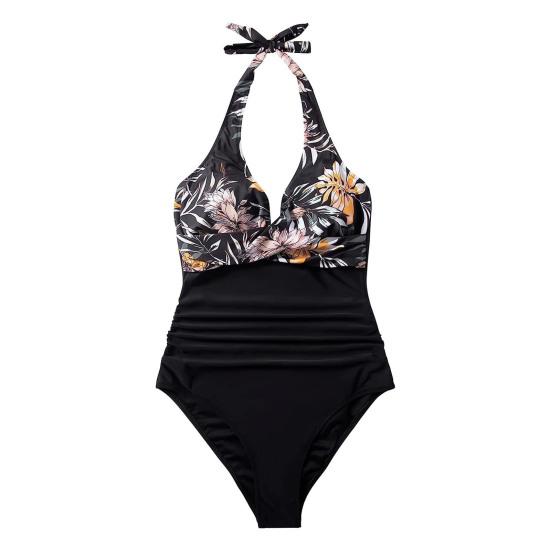 Women Sexy Monokini Halter Sleeveless One Piece Swimsuit Patchwork Color Backless Tummy Control High Waisted Bathing Suit