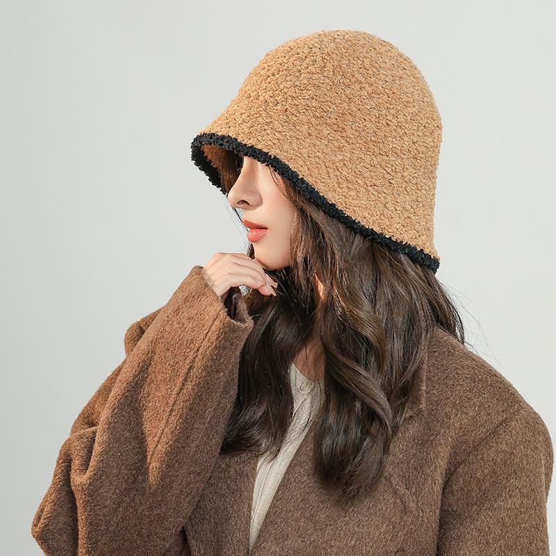 Панама женская осенне-зимняя простая модная японская универсальная шляпа с цветными блоками, показывающая лицо, закрывающая маленькое лицо, плюшевая шляпа рыбака