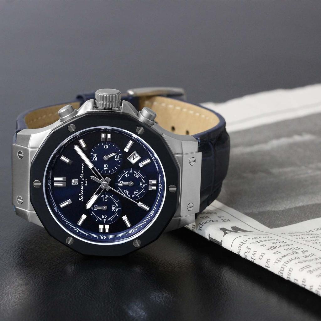 Chronograph 10 ATM Water Resistant Leather Strap Business 20th Anniversary Limited Model Blue Navy [Salvatore Mara] Men's SM18117-SSBL
