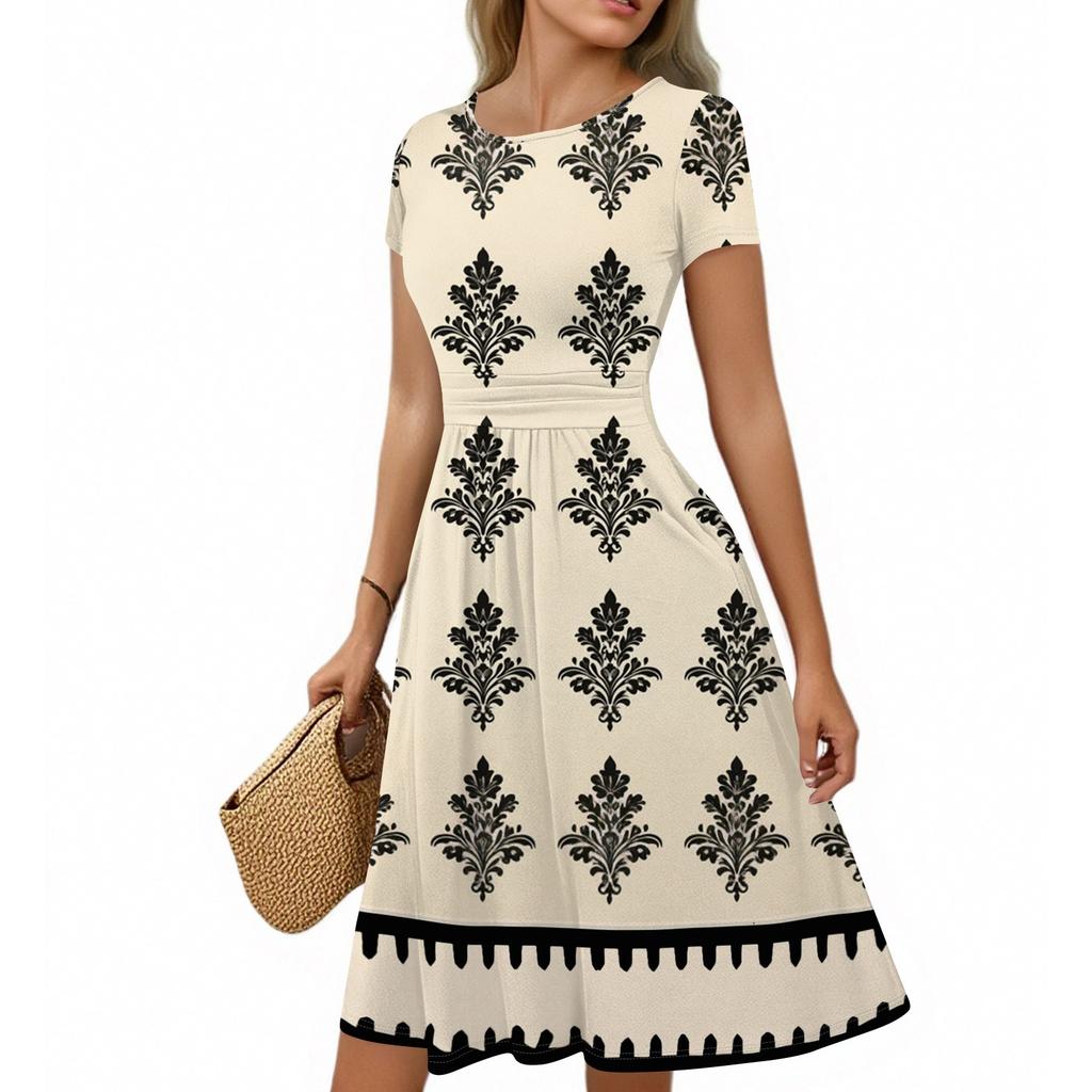 Женское повседневное модное платье миди А-силуэта с круглым вырезом, плиссированными короткими рукавами и богемным стилем