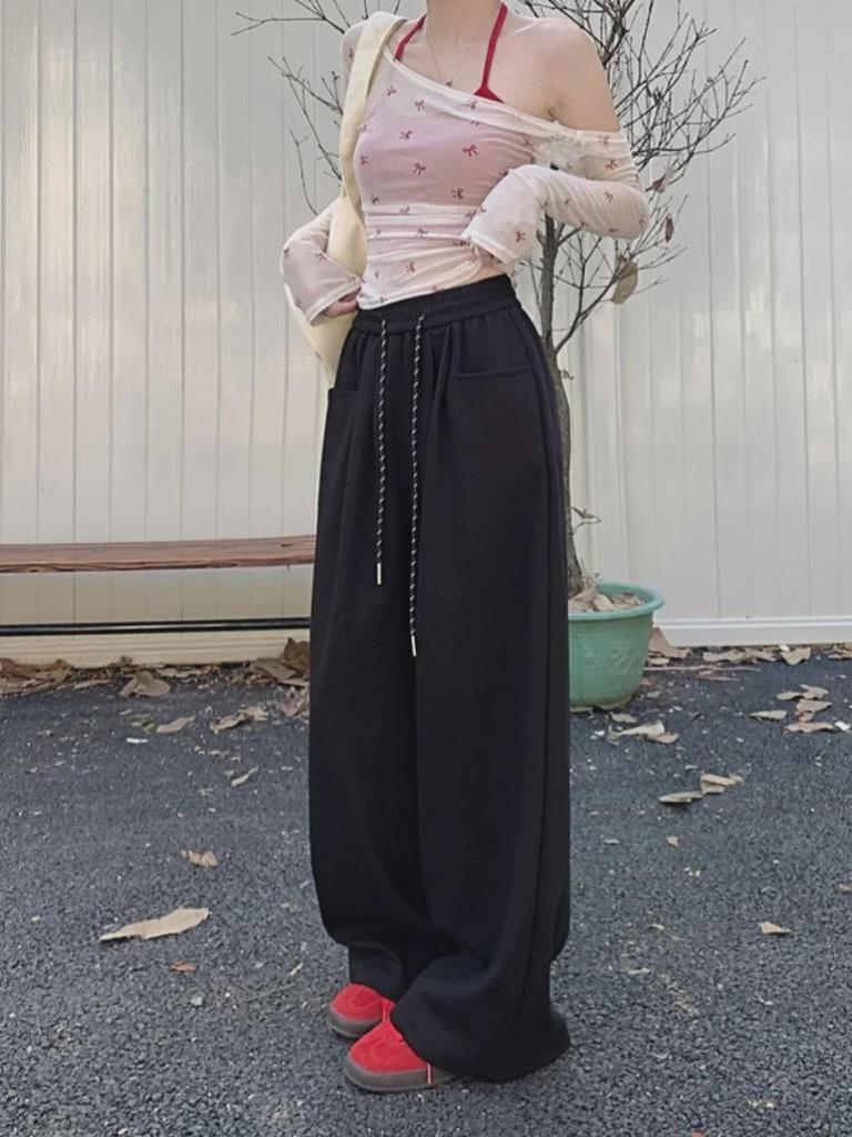 Женские повседневные брюки с широкими штанинами и эластичным поясом: Свободный крой, длина до пола, спортивные брюки для ранней осени