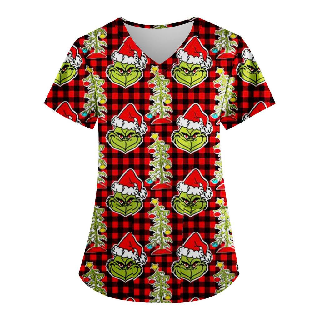 Женские модные топы с короткими рукавами и V-образным вырезом с принтом, рабочие футболки с карманами