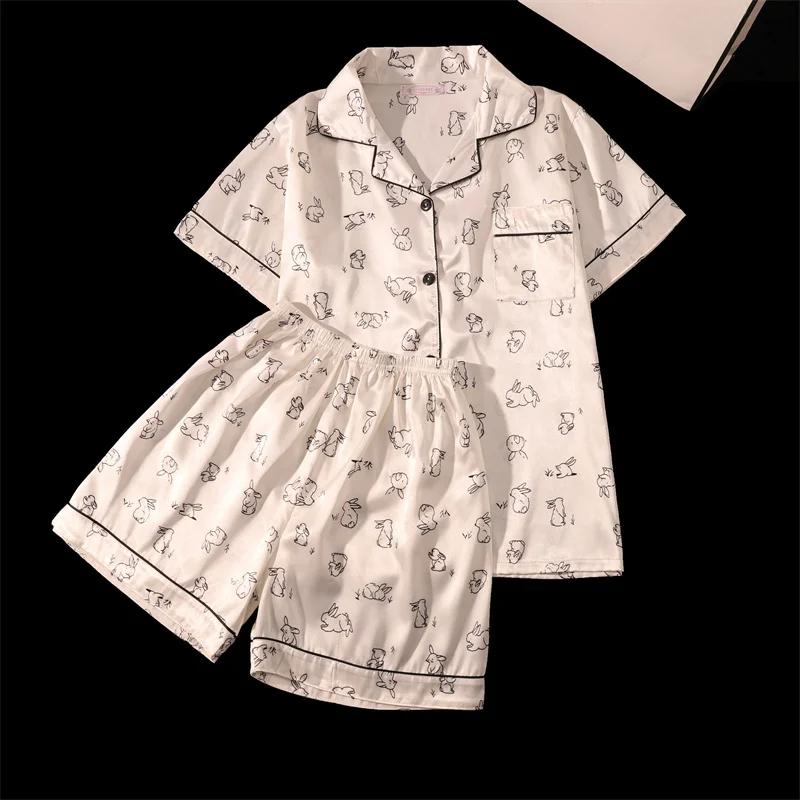 Rabbit Print Sleepwear Women Pajama Sets Korean Style Summer Piiama 2 Pieces Night Wears for Sleeping Student Cute Home Suit