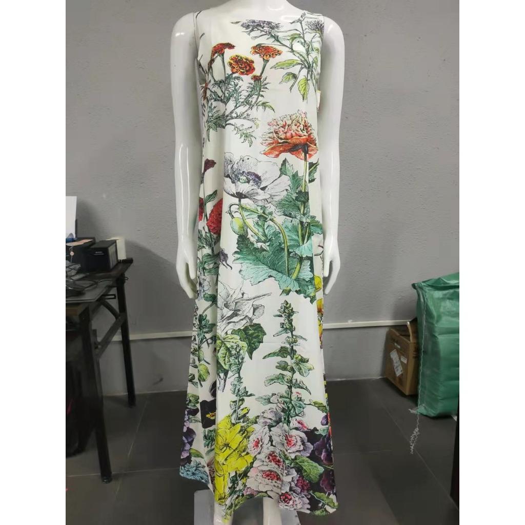 GMXIA Summer Positioning Flower Round Neck Sleeveless Loose Print Dress Long Skirt Women