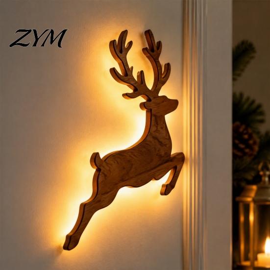 Cozy Reading Nook Lighting Christmas Reindeer Wall Light, Wooden LED Silhouette with Warm Backlight, Festive Home Battery Operated Lighted Art