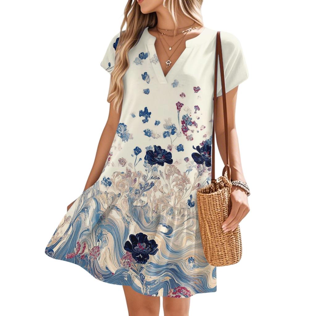 Женские платья с коротким рукавом и V-образным вырезом с цветочным принтом Свободные повседневные пляжные платья в стиле темперамент