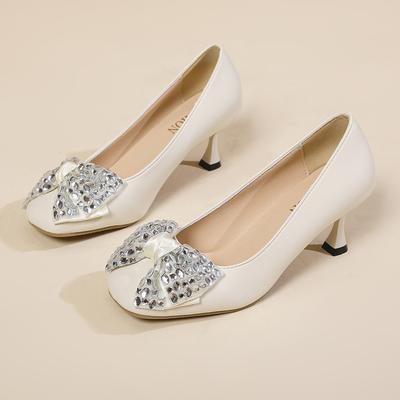 Модная женская обувь на тонком каблуке, одинарная обувь, осень, новая, круглый носок, неглубокий вырез, украшенная бриллиантами, с бантом-бабочкой, обувь с низким верхом