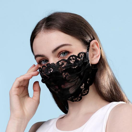 Черная кружевная защита для лица с цветочным принтом, регулируемая веревка для ушей, дышащая, одинарная, двухслойная, для езды на велосипеде, бега, летняя женская защита для лица