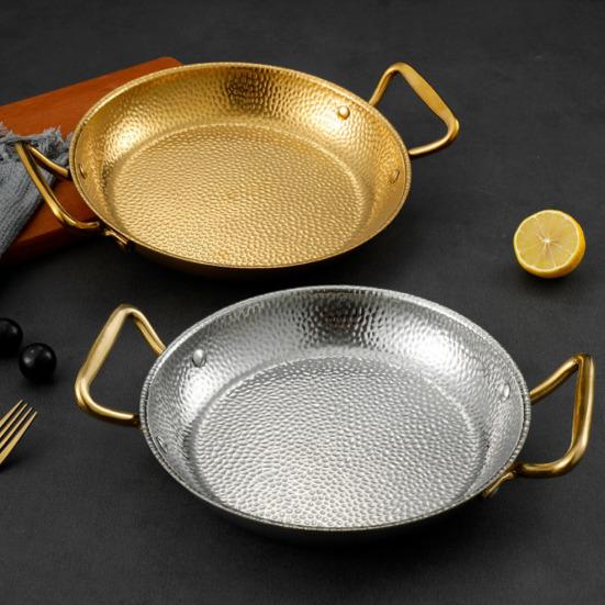 Fry Pot Saucepan Hammered Stainless Steel Paella Cooker Double-Handle Seafood