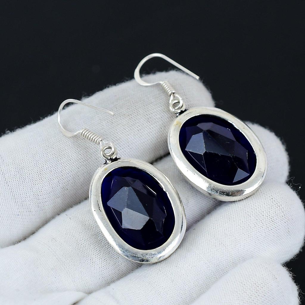 Amazing Blue Sapphire Gemstone Earrings, 925 Sterling Silver Earring, Handmade Boho Silver Jewelry Dangle Earrings, Party Wear Gifts