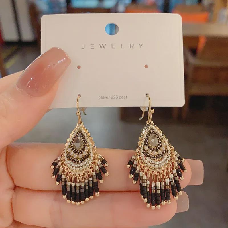 Серьги ручной работы с кристаллами в стиле ретро-богем 2023 г.: Модные серьги-крючки в этническом стиле для женщин