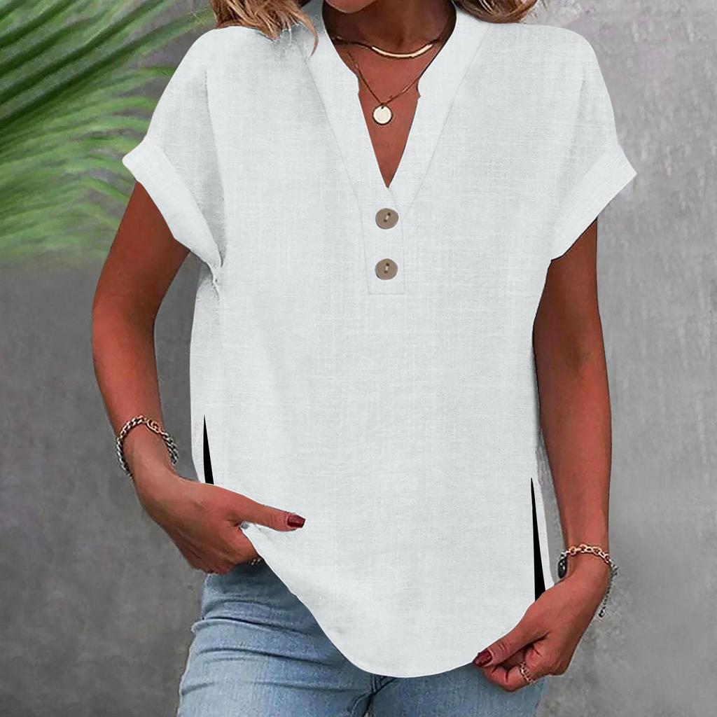 Women's Fashion Casual Solid Colour V-Neck Short Sleeve Button Split Shirt T-Shirt Top