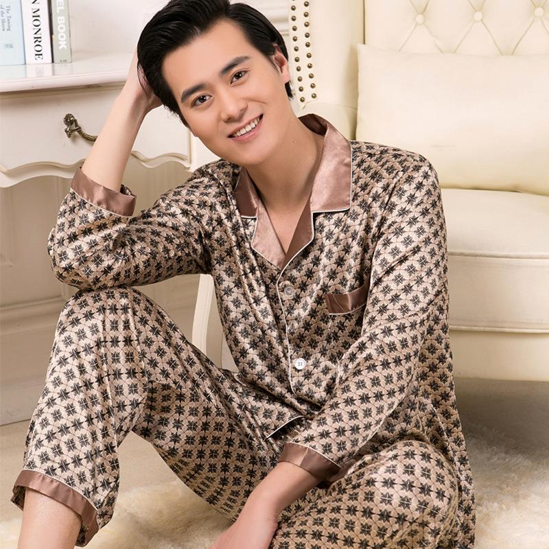 Spring Autumn Thin High Quality Pajamas Set Men Polyester Ice Silk Long-sleeved Sleepwear Summer Home Clothes Men
