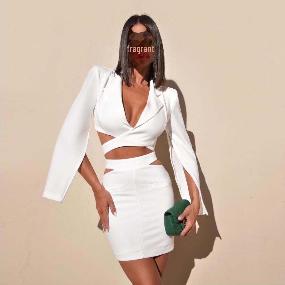 Chic European & American Women's White Long-Sleeve Dress Suit
