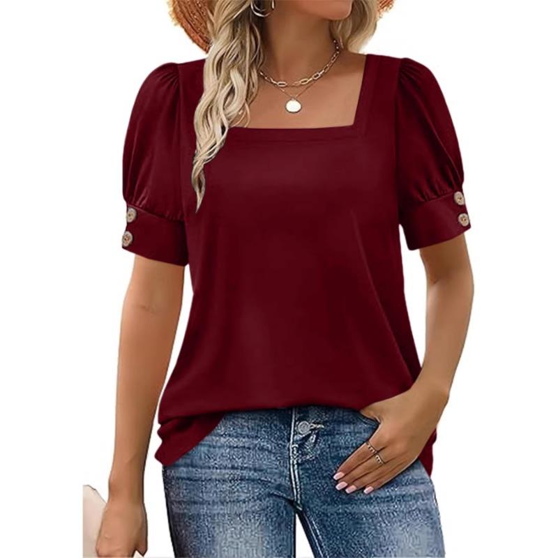 Womens Square Neck Puff Short Sleeve Blouse
