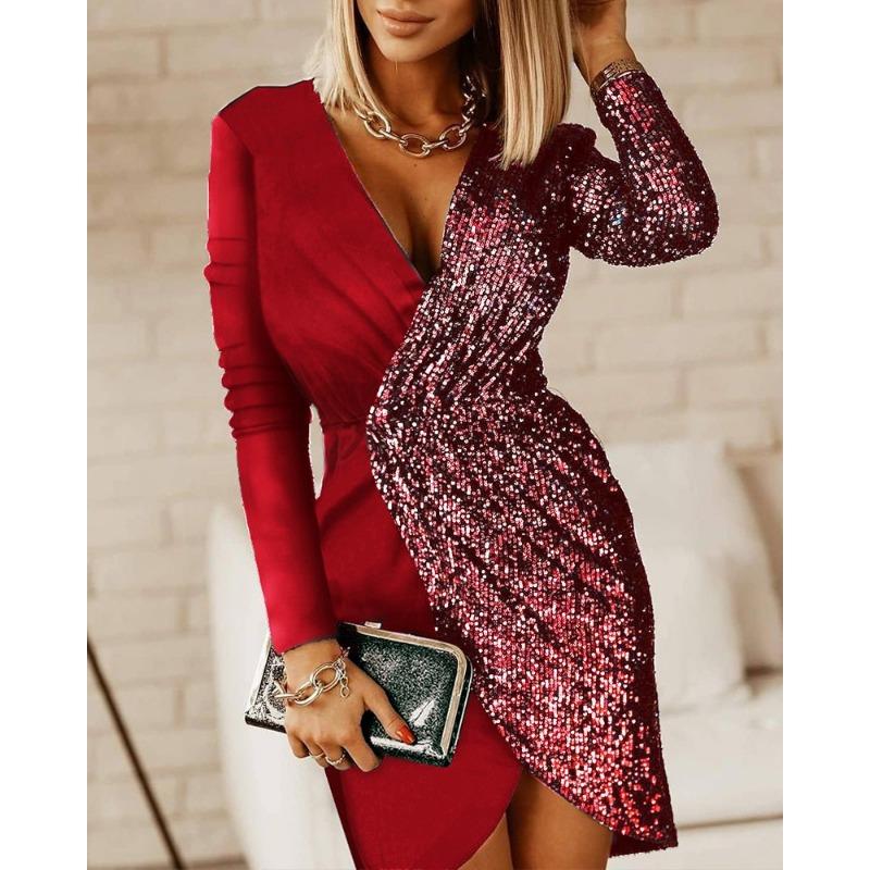 Женская мода осень-зима с длинным рукавом с v-образным вырезом и высокой талией повседневные платья