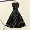 Women Party Dress Dot Print O Neck Sleeveless A-line Big Swing Tight Waist Retro Back Zipper Prom