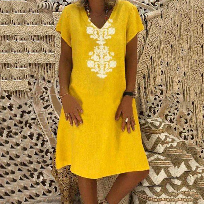 Premium Quality Women's Baggy Loose Short Sleeve V-neck Linen Kaftan Madi Dress For Effortless Beach Style