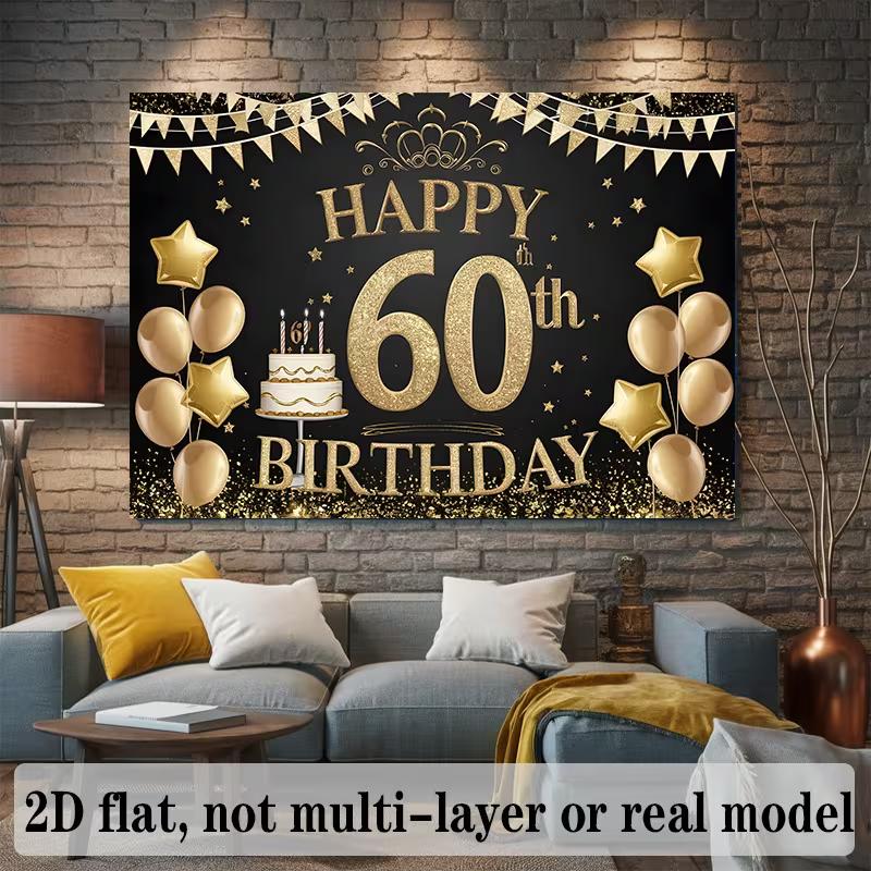 2D 60th Birthday Backdrop Black Gold Glitter - Party Decoration Photo Booth Background
