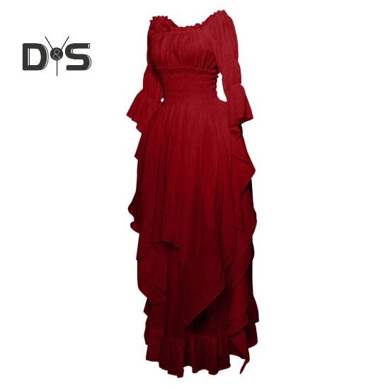Women Ball Gown Off Shoulder Gothic Long Horn Sleeves Irregular Layered Pleated Elastic Tight Waist Solid Color Retro Renaissance Party Prom Maxi