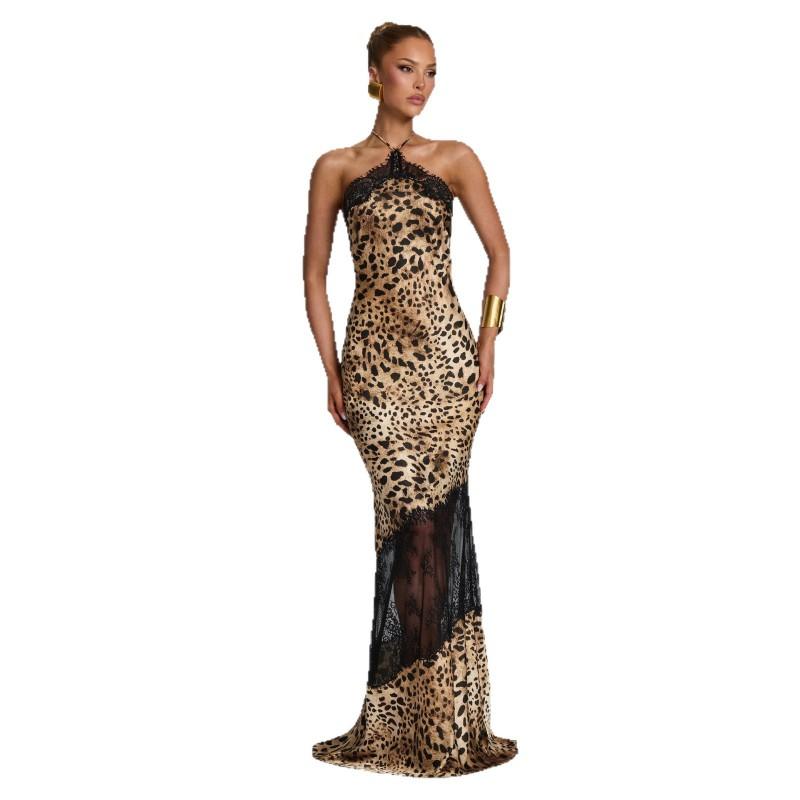 Vintage Brown Leopard Print Lace Trim Halter Neck Mermaid Evening Dress Long Formal Gown