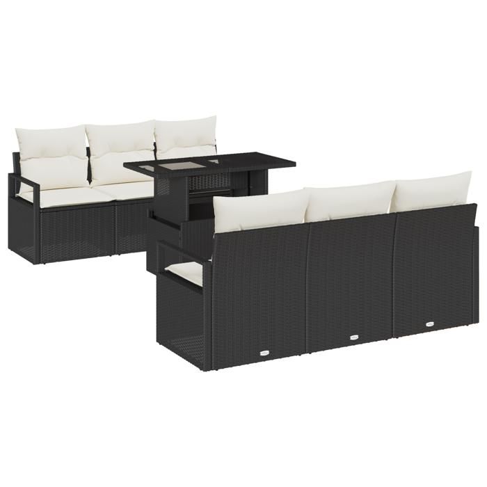 Ensemble de Canapés de Jardin de 7 Pièces avec Coussins Noir Poly Rattan, Canapé de Jardin 2 Places avec Coussins Noir Poly 3348743