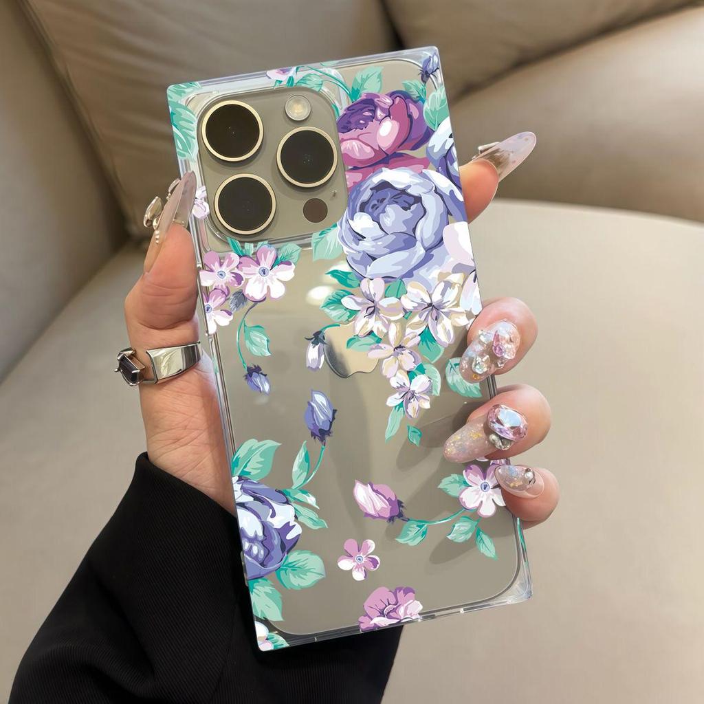 Прозрачный квадратный чехол-накладка для iPhone 14 Pro Max 16 ProMax 12 11 13 15 Plus, защита от окисления, чехол с узором 'Пурпурная роза'