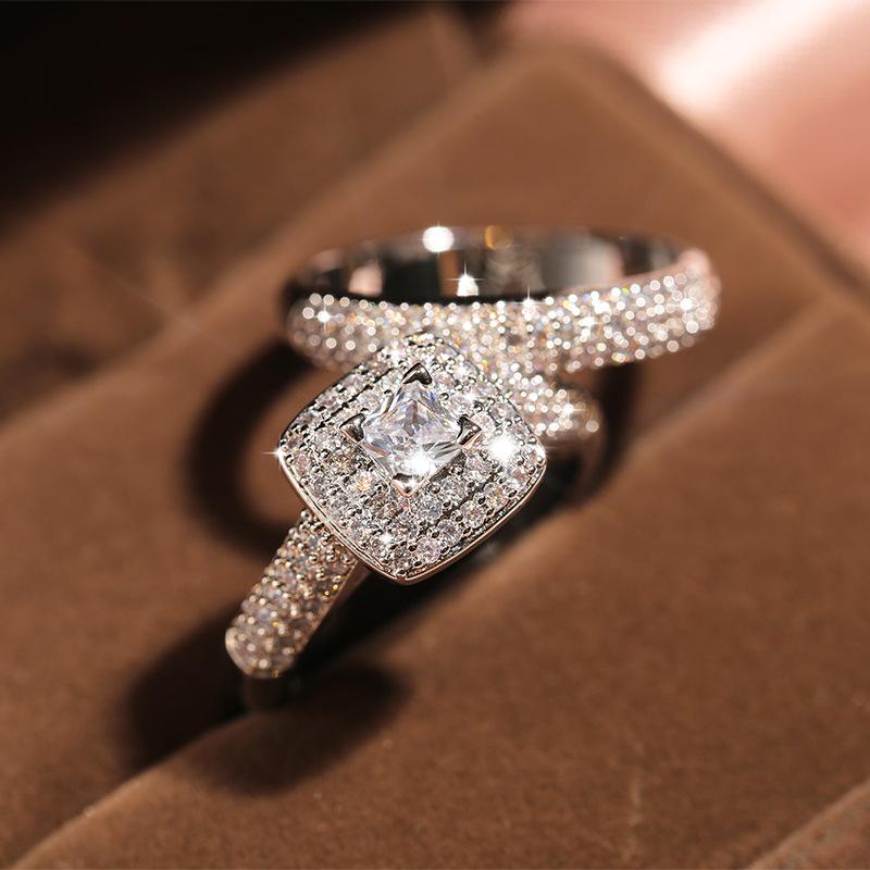 Luxury  Plate Wedding Engagement Cocktail Zircon Double-layer Finger Ring Designed for Women 925  Ring Set