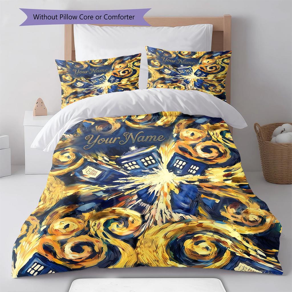 Custom Name Time TARDIS Bedding,Quilt Set Quilt Cover Pillowcase Home Birthday Gift (1 * duvet cover + 2 * pillowcase, without core)