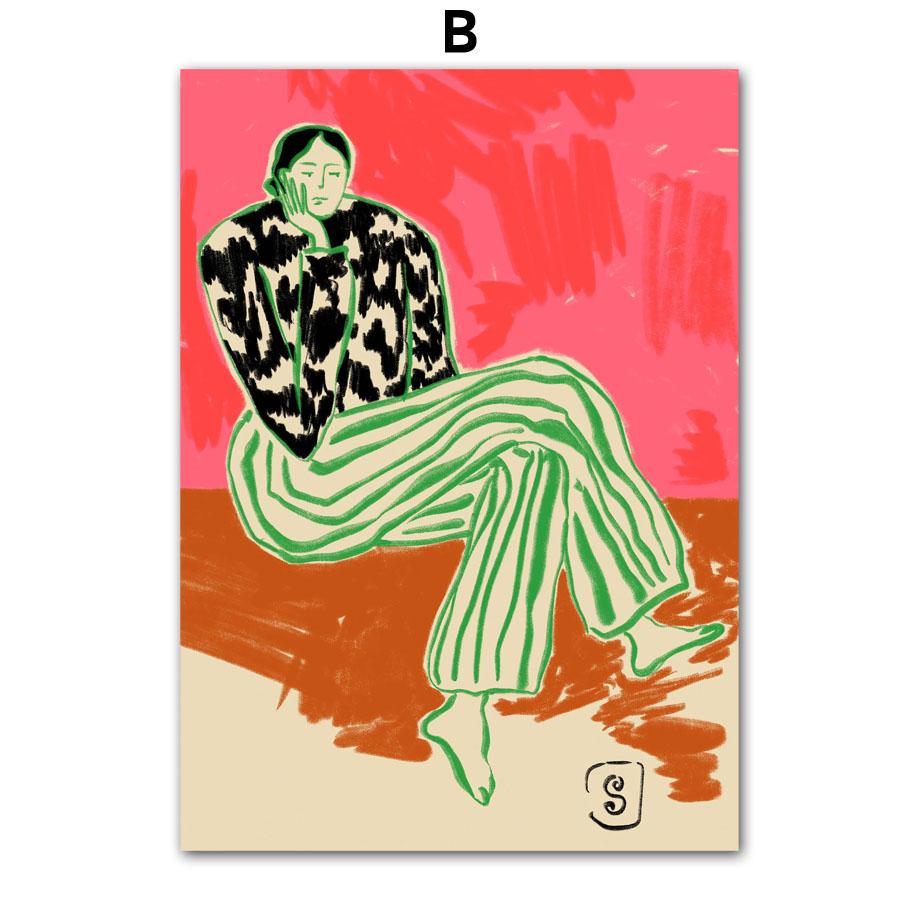 Abstract Line Stripe Girl Flower Leaf Colorful Wall Art Canvas Painting Posters And Prints Hotel Bar Pictures Indoor Room Decor