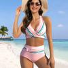 Women's Shoulder Strap Swimsuit with Alternating Stripes and Printed Bikini Short Tank Top Swimsuit