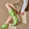 2024 Winter Slouch Boots for Women Shiny Patent Leather Mid Calf Heels Boots Stiletto Purple Green Rose Red Pleated Shoes