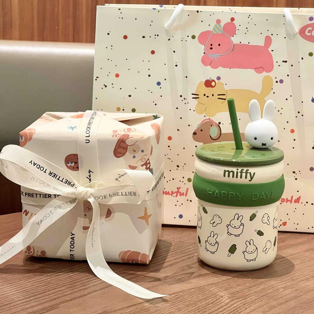 Подарок на день рождения Миффи Кролик Соломенная чашка для воды для девочек Керамическая кружка с крышкой Офисная кофейная чашка Сувенирный подарок