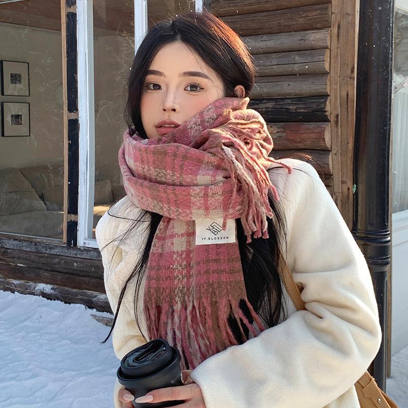 New Autumn and Winter Scarf Women's High-end Atmosphere Pink Plaid Couple Shawl
